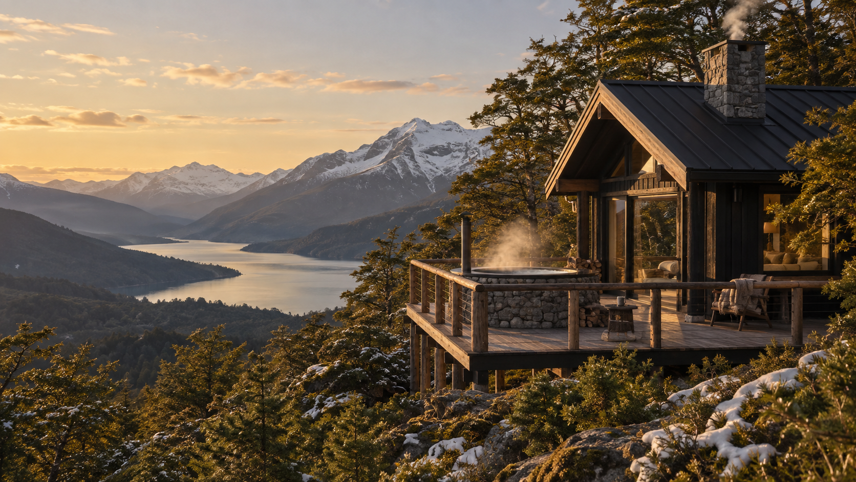Cabaña de madera negra con tinaja humeante sobre un mirador de bosque, frente a la cordillera nevada y un lago al atardecer