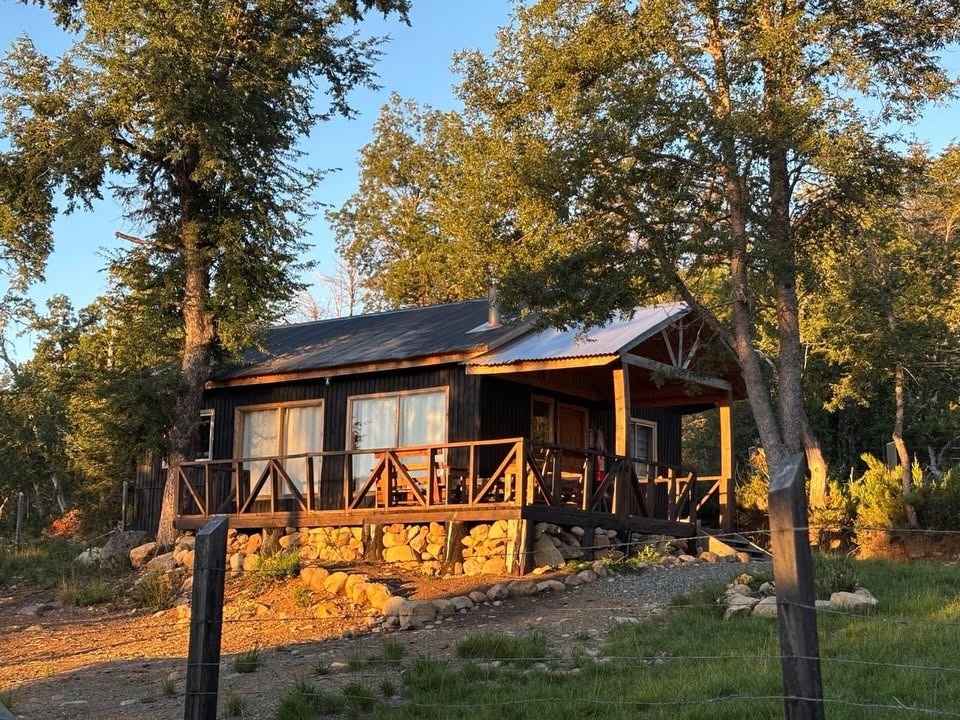 Fachada de la cabaña de madera negra con terraza al bosque
