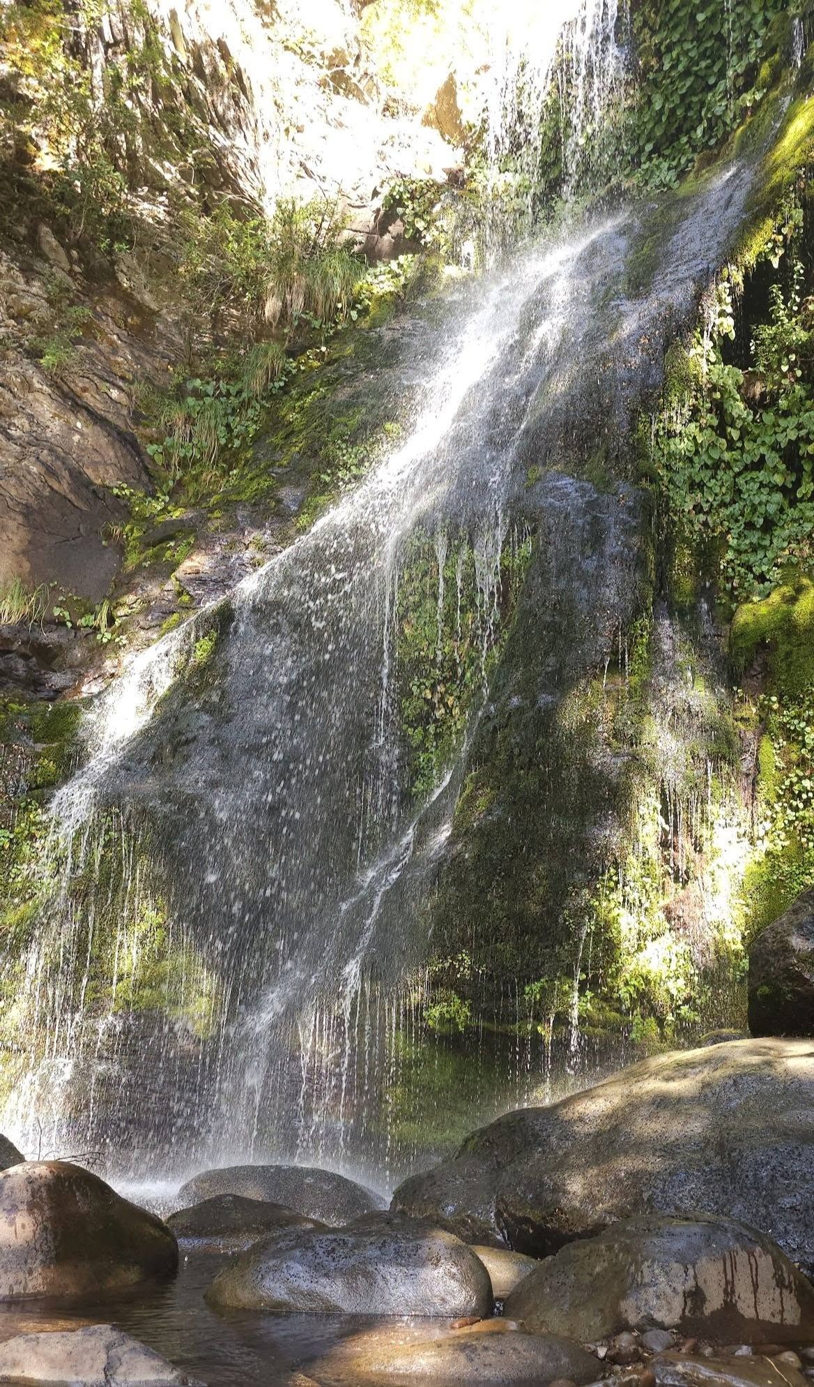 Cascada sobre roca con musgo y piedras redondas al pie